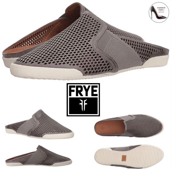 FRYE Melanie Gore Perforated Mule Sneaker Pale Blue Gray Leather Casual Flats - Picture 1 of 14